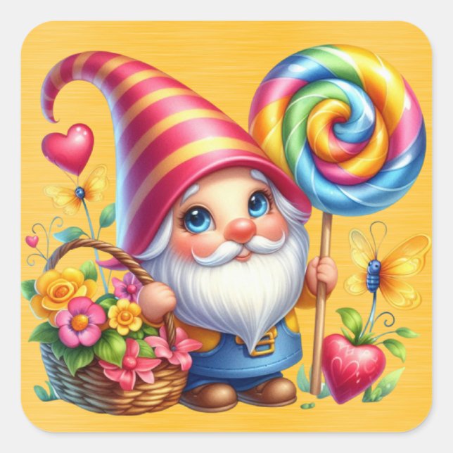 Rainbow Gnome Flower Basket Candy  Square Sticker (Front)