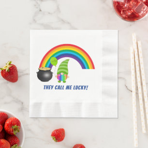 Rainbow Gnome Pot of Gold St Patricks Day Coined Napkins