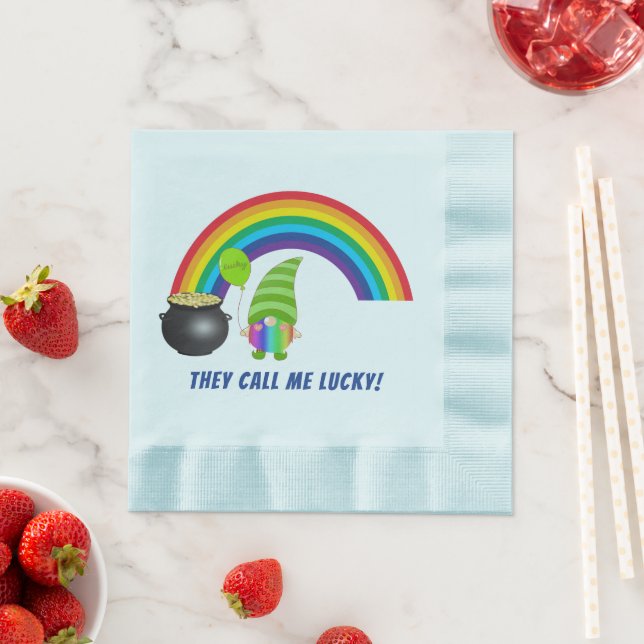 Rainbow Gnome Pot of Gold St Patricks Day Coined Napkins (Insitu)