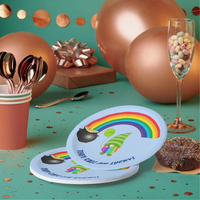 Rainbow Gnome Pot of Gold St Patricks Day Paper Plates (Multi)