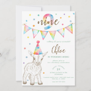 Rainbow Goat 9th Birthday Party Invitation