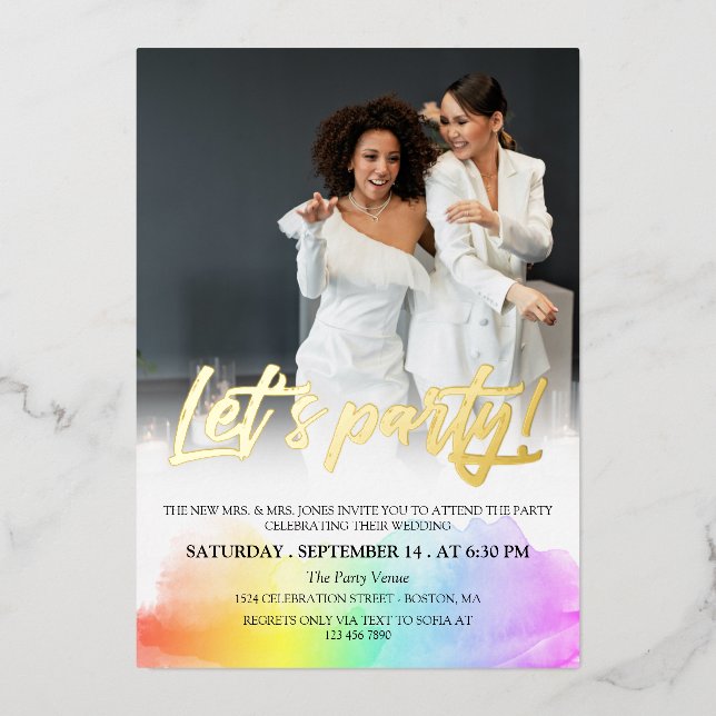 Rainbow Gold Brush Script Let's Party Photo Foil Invitation (Front)