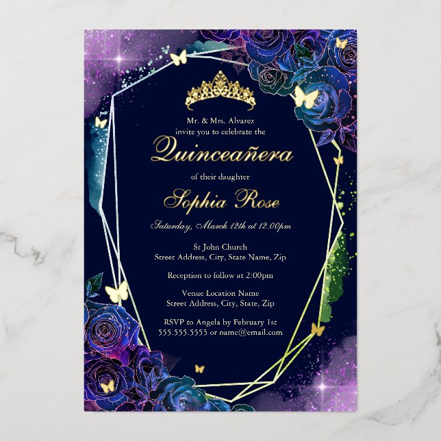 Rainbow Gold Butterfly Floral Quinceanera Foil Invitation (Front)
