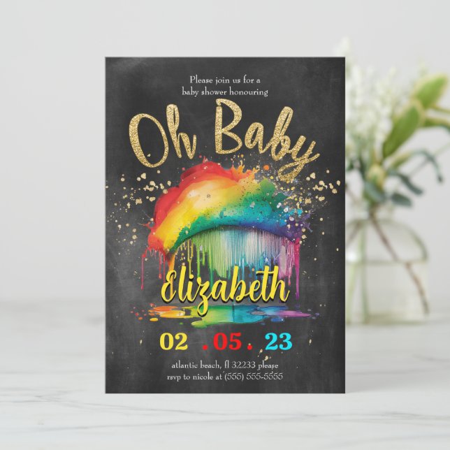 Rainbow Gold Chalkboard Baby Shower Invitation (Standing Front)