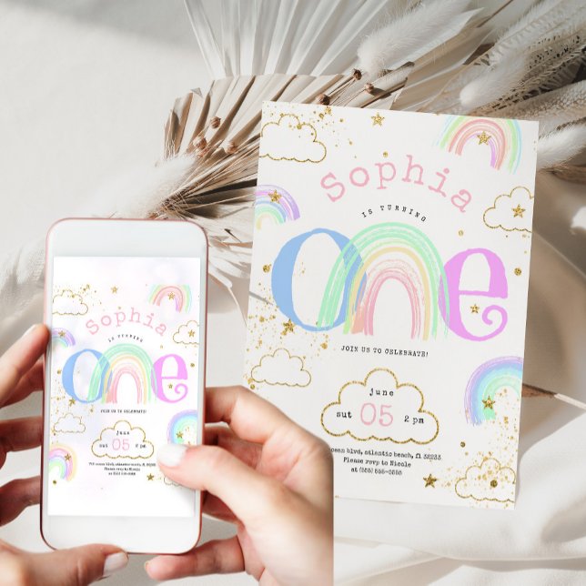 Rainbow Gold Clouds 1st Birthday Invitation (Creator Uploaded)