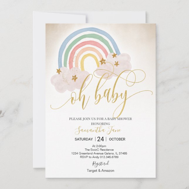 Rainbow Gold Glitter Baby Sprinkle Oh Baby Shower Invitation (Front)