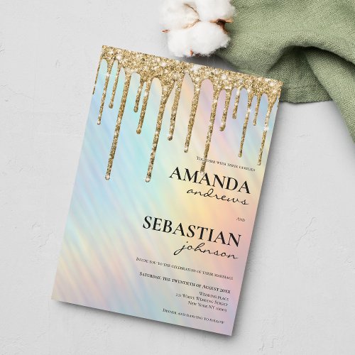 Rainbow Gold Glitter Drips Holographic Wedding Invitation