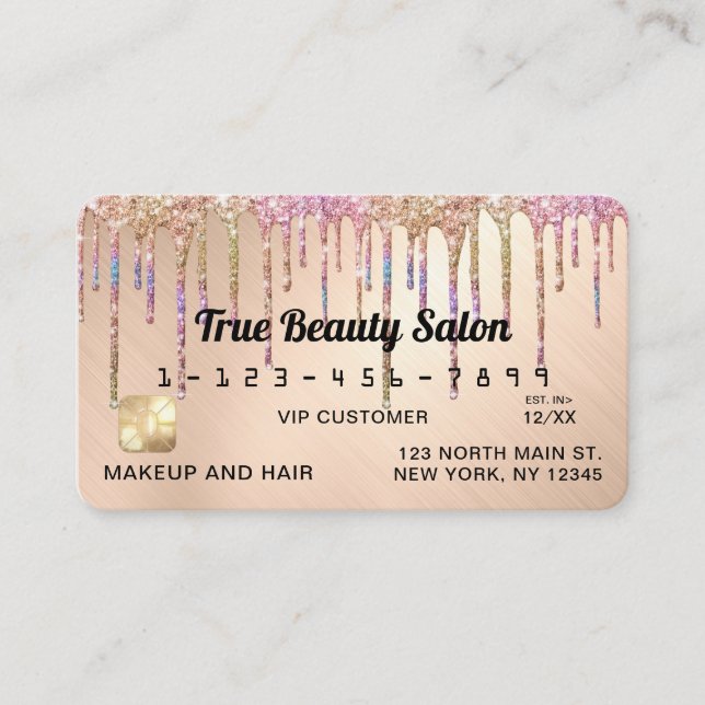 Rainbow Gold Glitter Drips Metallic Credit Business Card (Front)
