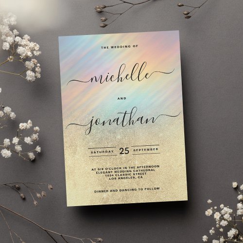 Rainbow Gold Glitter Holographic Wedding  Invitation