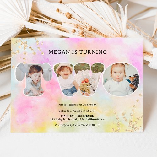 Rainbow gold glitter pastel 3 photos 2nd birthday invitation