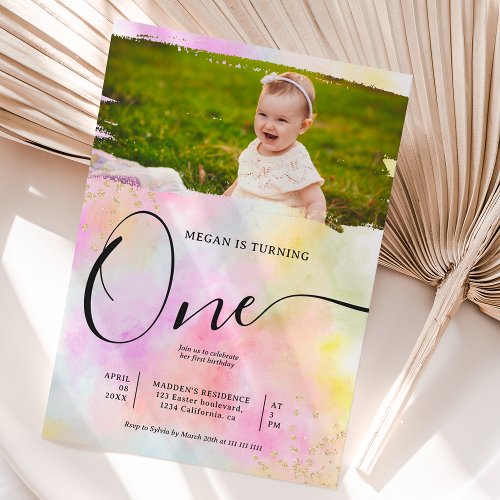 Rainbow gold glitter pastel one photo 1st birthday invitation