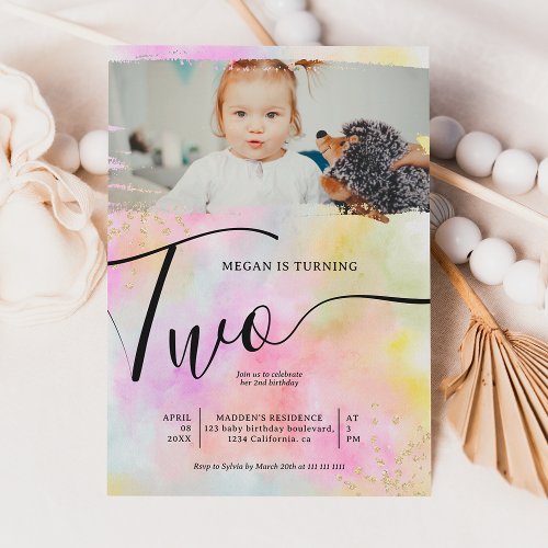 Rainbow gold glitter pastel one photo 2nd birthday invitation