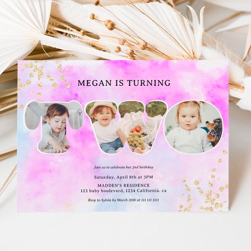 Rainbow gold glitter purple 3 photos 2nd birthday invitation