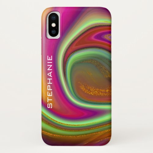 Rainbow Gold Marble Agate Monogram iPhone X Case
