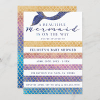 Rainbow   Gold Mermaid Scales & Stipe Baby Shower Invitation