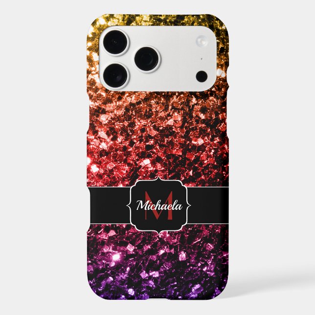 Rainbow gold red purple faux sparkles Monogram iPhone Case (Back)