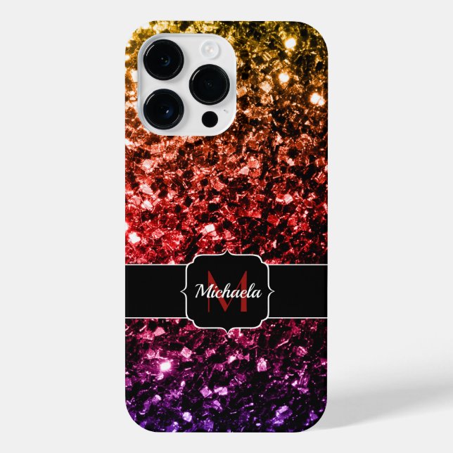 Rainbow gold red purple faux sparkles Monogram iPhone Case (Back)