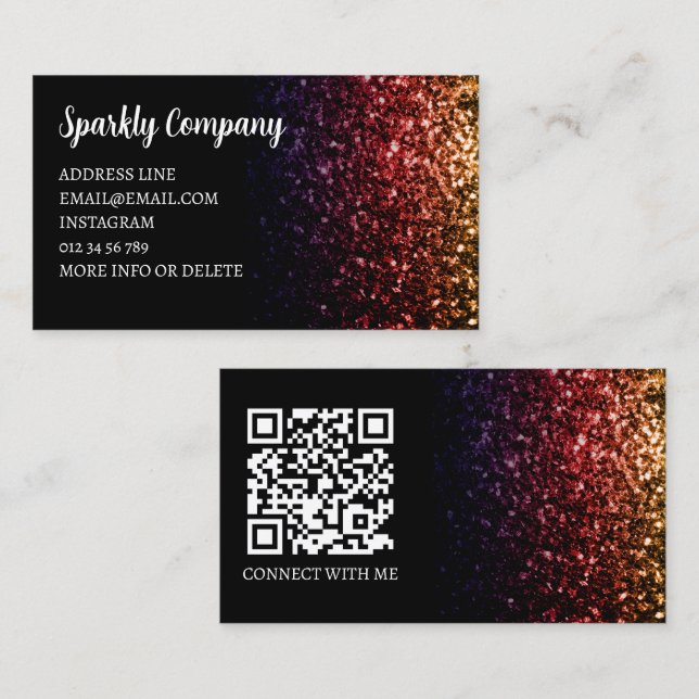 Rainbow gold red sparkle black elegant QR code Business Card (Front/Back)