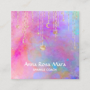 *~* Rainbow Gold Sparkle Glitter Moon Sun Square Business Card