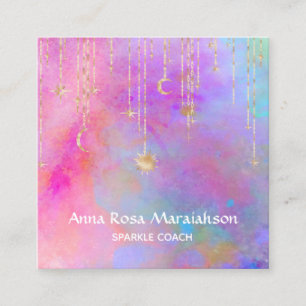 *~* Rainbow Gold Sparkle Glitter Moon Sun Square Business Card