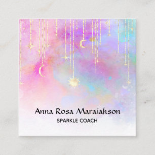 *~* Rainbow Gold Sparkle Glitter Moon Sun Unicorn Square Business Card