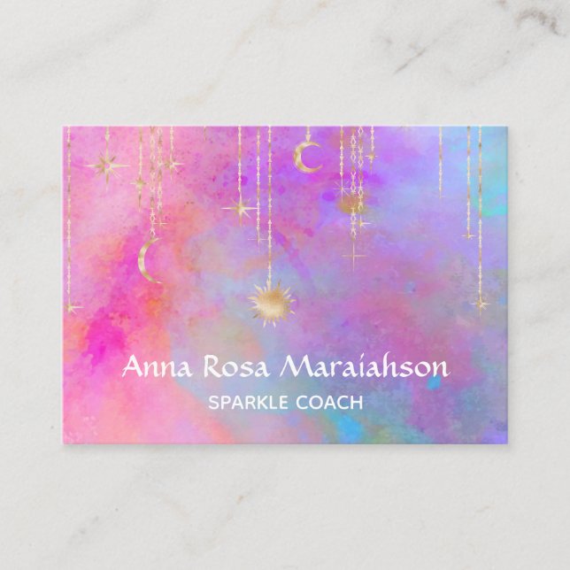 *~* Rainbow Gold Sparkle Glitter Sun Moon Business Card (Front)