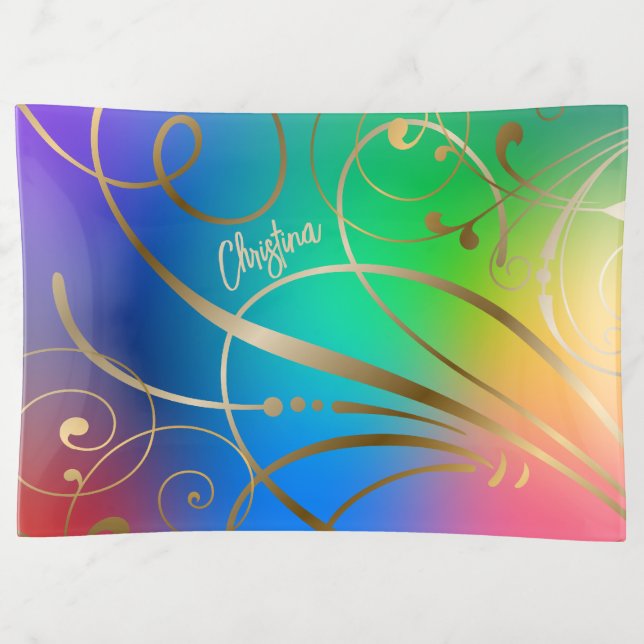 Rainbow Gold Swirls Flourishes with Name Trinket Tray (Front)