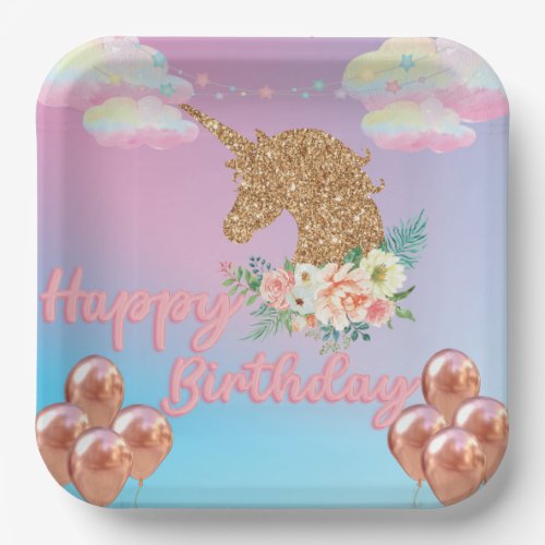 Rainbow Gold Unicorn Birthday Paper Plates
