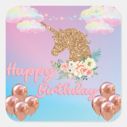 Rainbow Gold Unicorn Birthday Square Sticker