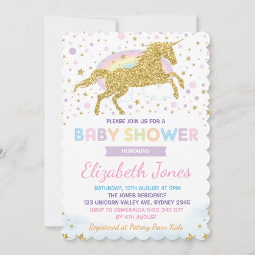 Rainbow Gold Unicorn  Magical Stars Baby Shower Invitation