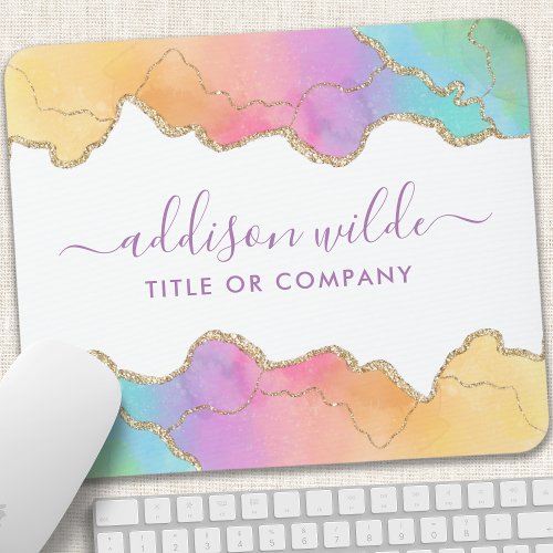 Rainbow Gold Watercolor Agate Salon Business Mouse Pad