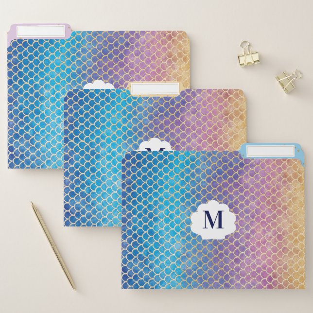 Rainbow & Gold Watercolor Mermaid Scale Pattern File Folder (Set)