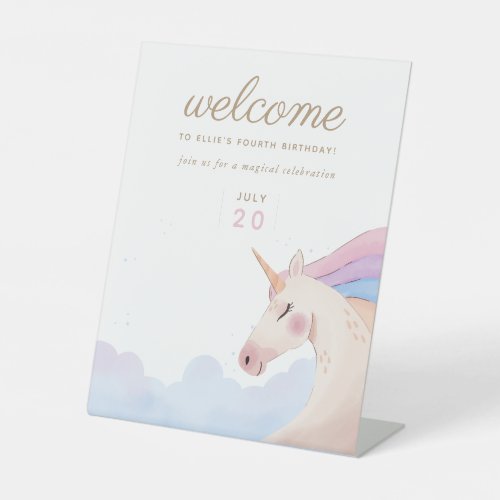 Rainbow Gold Watercolor Unicorn Birthday  Welcome Pedestal Sign