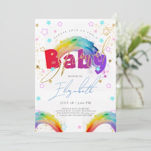 Rainbow Gold Watercolour Baby Shower Invitation