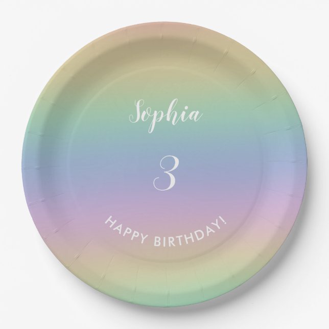 Rainbow Gradient Colorful Pastel Kids Birthday Paper Plates (Front)