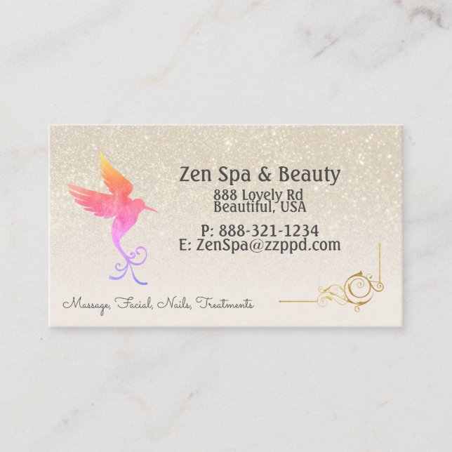 Rainbow Gradient Hummingbird Ivory Glitter Business Card (Front)