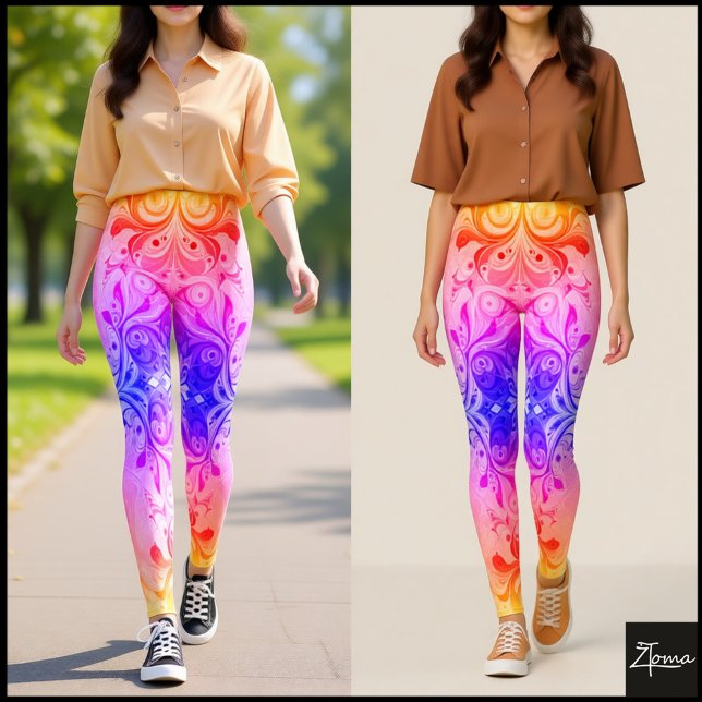 Rainbow Gradient Mirrored Ornamental Swirl Pattern Leggings (Creator Uploaded)