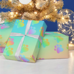 Rainbow Gradient Paw Prints Wrapping Paper