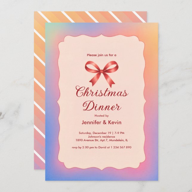 Rainbow Gradient Red Bow Christmas Dinner  Holiday Card (Front/Back)