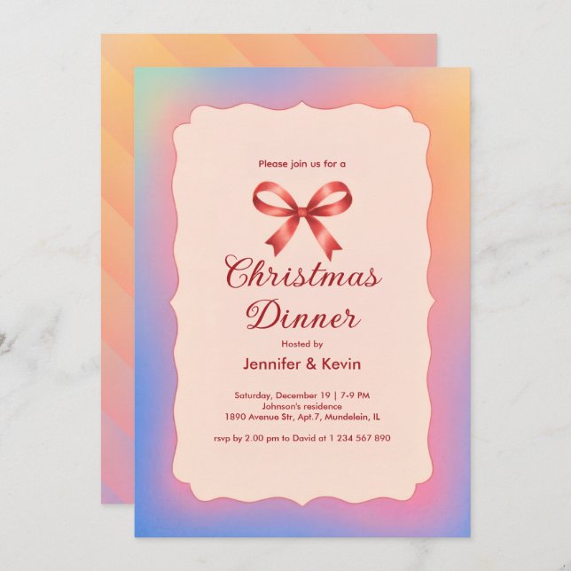 Rainbow Gradient Red Bow Christmas Dinner  Holiday Card (Front/Back)