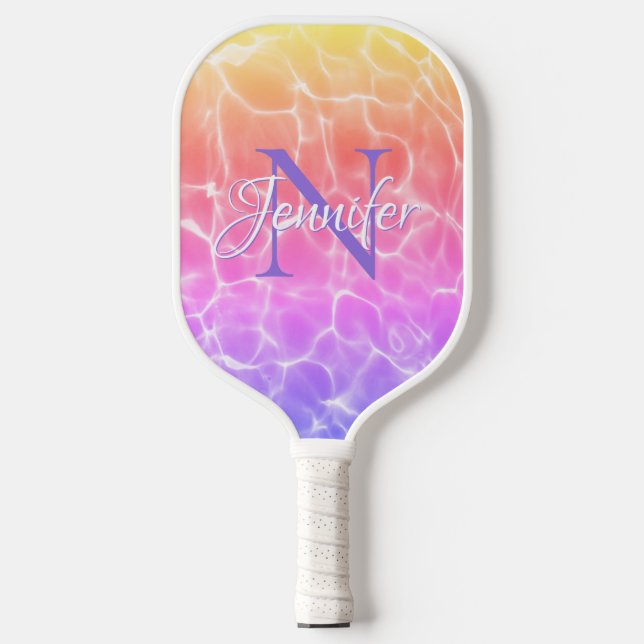 Rainbow Gradient Swimming Pool Photo Chic Monogram Pickleball Paddle (Front)