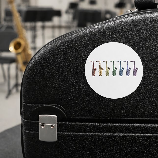 Rainbow Gradient Tenor Saxophone Musical Pop Art Classic Round Sticker (A sticker with a lineup of rainbow saxophones in red, orange, green, blue, purple, yellow & pink.)