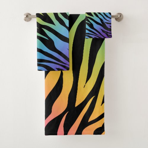 Rainbow Gradient Zebra Stripes Print on Black Bath Towel Set