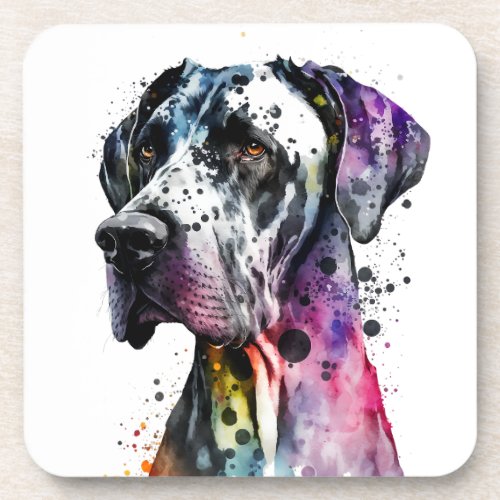 Rainbow Great Dane Watercolor Beverage Coaster