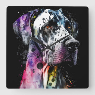 Rainbow Great Dane Watercolor Square Wall Clock