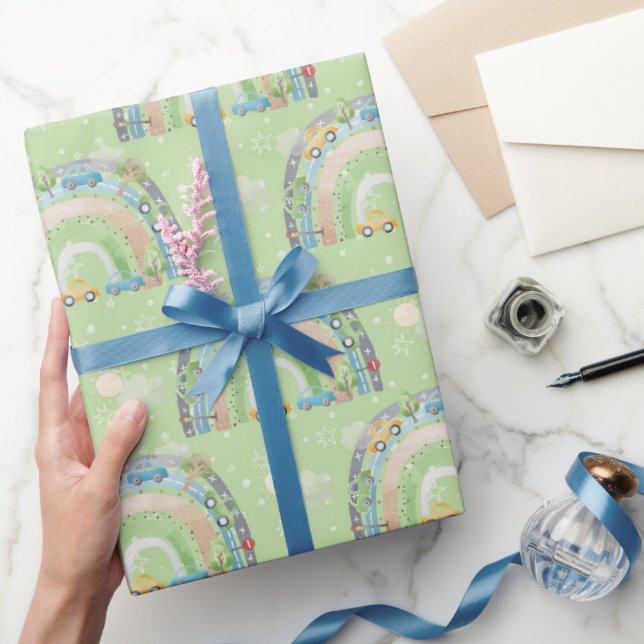 Rainbow Green and Blue With Cars Street Signs Boy Wrapping Paper (Gifting)