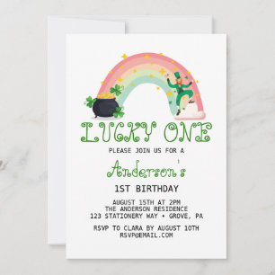 Rainbow & Green Clover Lucky One First Birthday Invitation