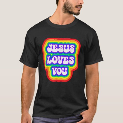 Rainbow Groovy Jesus Loves You Christian 70s Hippi T_Shirt
