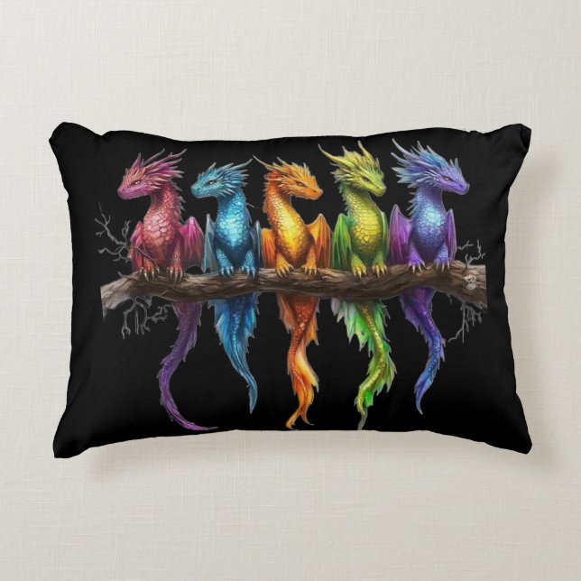 Rainbow Group of Baby Dragons on Black Accent Pillow (Front)