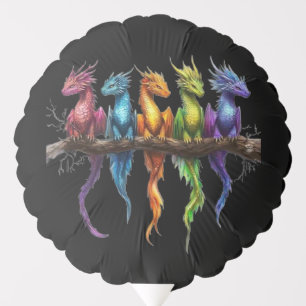Rainbow Group of Baby Dragons on Black Balloon